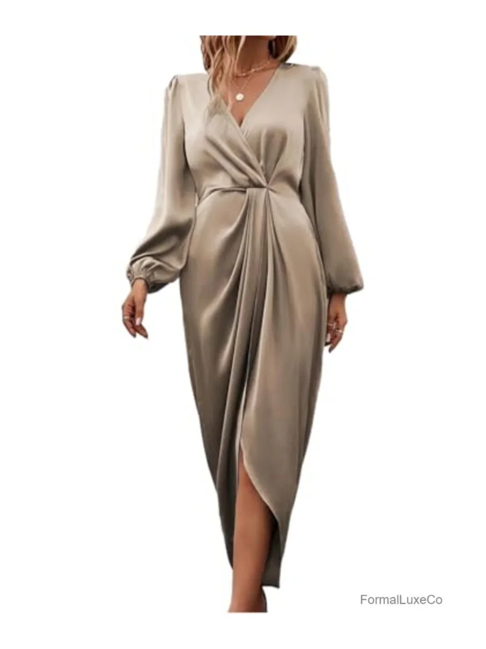 Women's Satin Wrap Midi Dress Split Ruched Long Sleeve Formal Evening